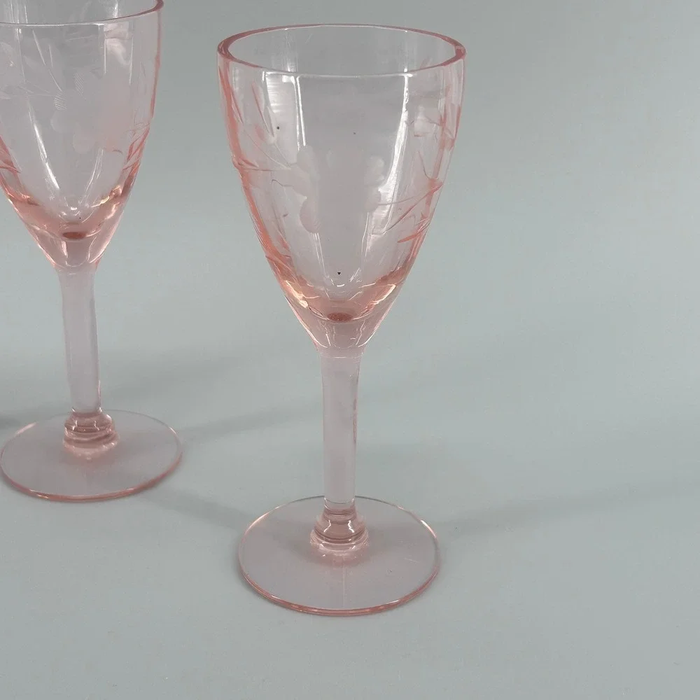 VTG Pink Depression Glass Etched Floral Wine Cordial Shot Set of 3 Stemware 5